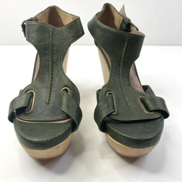 Pura Lopez Shoes Womens Size 38 US 8 Wooden Block Heel Clog Green Leather - Picture 2 of 9